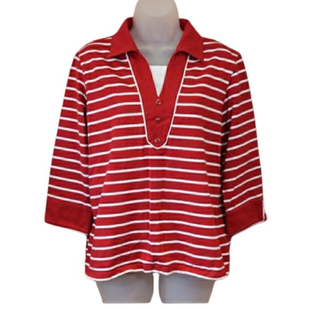 Drapers & Damon's Red Striped Layered Look Top Holiday Preppy Top Lg